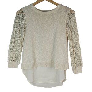 Lucky Brand Open Knit Top Cream Size XS Lace Chiffon Split Back Cinema Linen